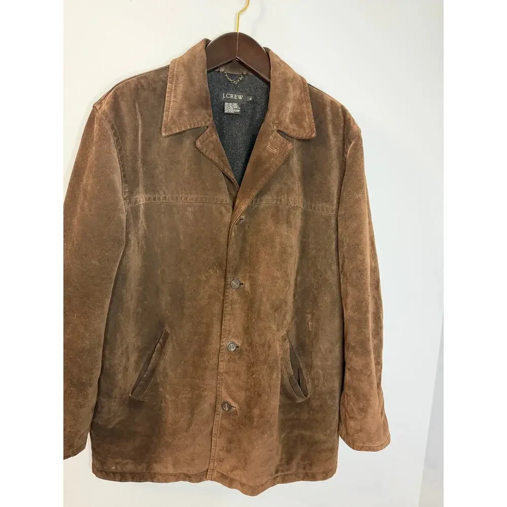 J CREW VGT 90's Suede Leather Jacket Lined Coat Button Down Wool Lining Brown XL